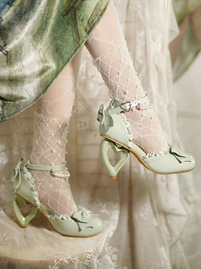 in Leather Sophisticated Chain Sandals Ornate Bead PU Heels Heart Green and Heel Detachable with