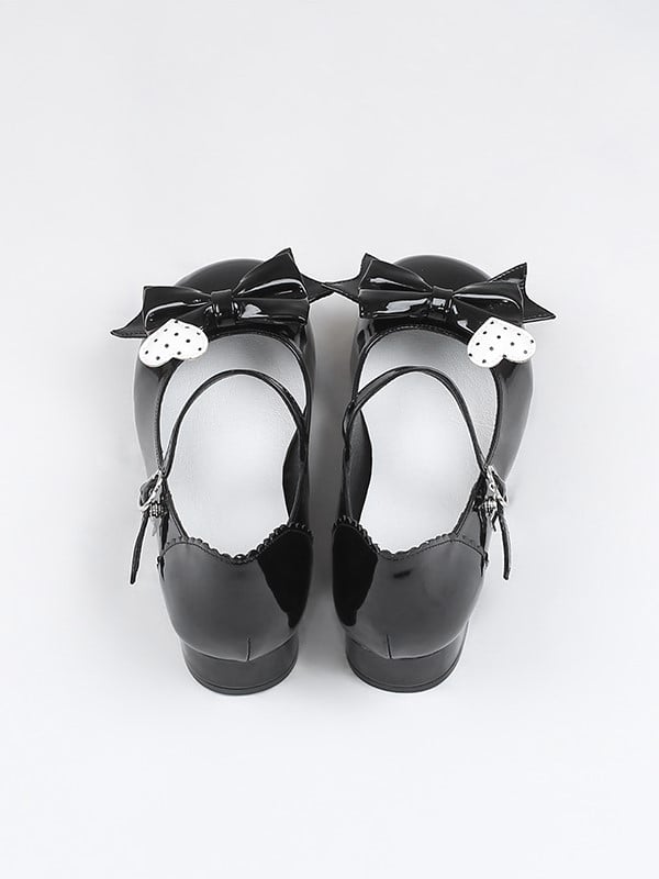 Black Polished Mary Jane Shoes with Bow and Polka Dot Heart Design