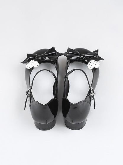 Black Polished Mary Jane Shoes with Bow and Polka Dot Heart Design