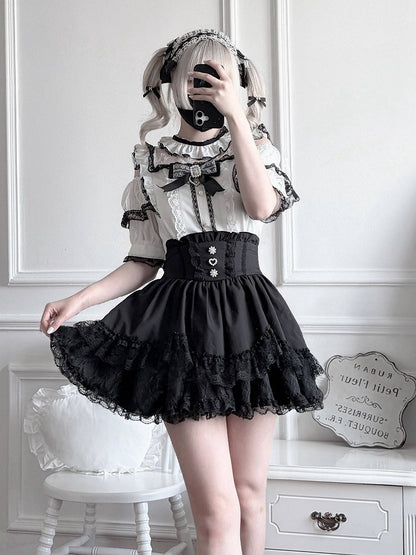 Black & White Jirai-kei Cutout Shoulder Short Sleeve Top with Rhinestone Bow and Lace - Virtual Paradise