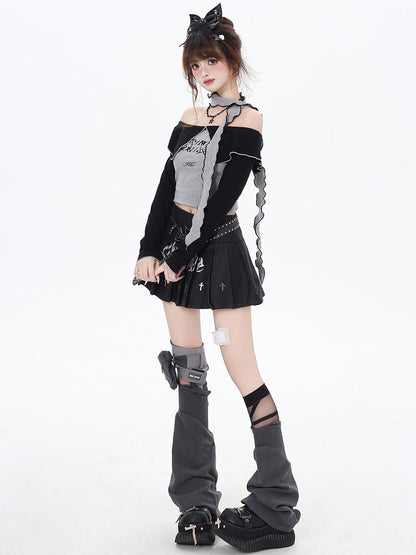 Grey Letters Off-the-shoulder Neckline Cropped Top with Free Scarf