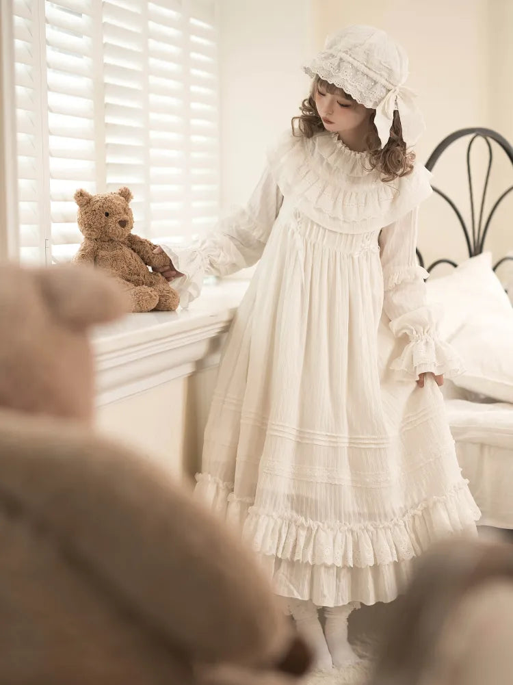 Neck All Ruffled Sleeves Long White Shiro Lolita Layered Ruffle Hemline Dress