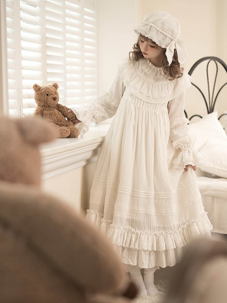 Dress Ruffle Sleeves Lolita White Neck All Layered Hemline Shiro Ruffled Long