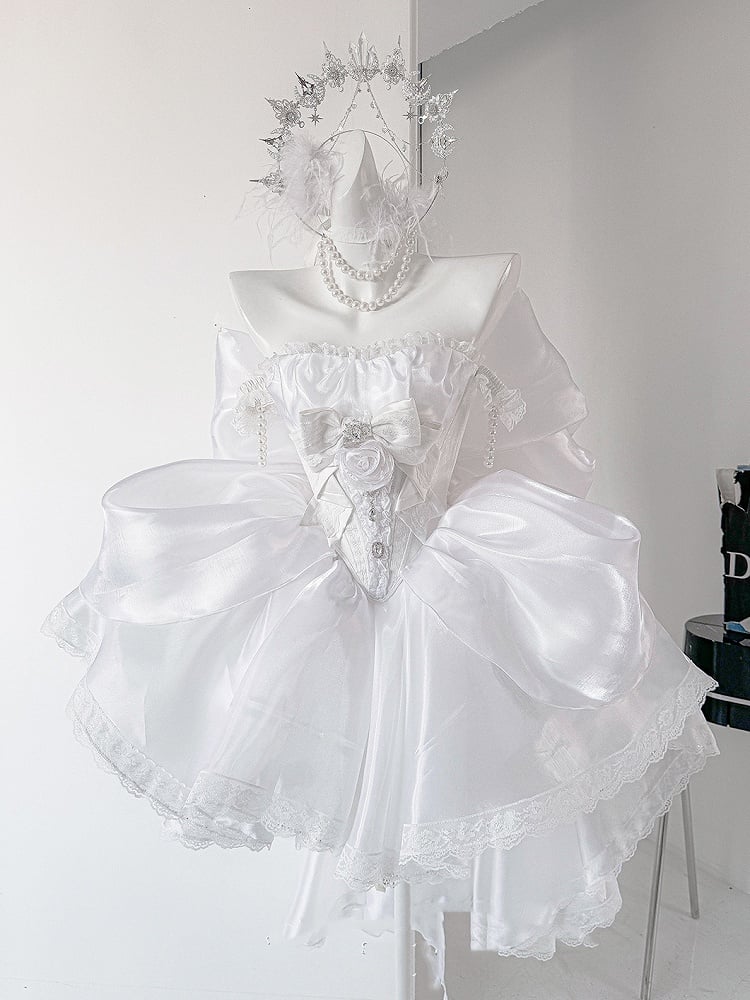 Rhinestones Balletcore Puffy Skirt White with Decorated Set Boned Corset Waist Strapless Top