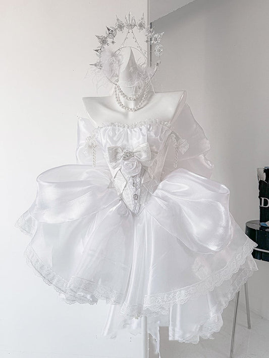 Strass-Balletcore-Puffrock in Weiß mit verziertem Set, Korsett-Taille, trägerloses Oberteil