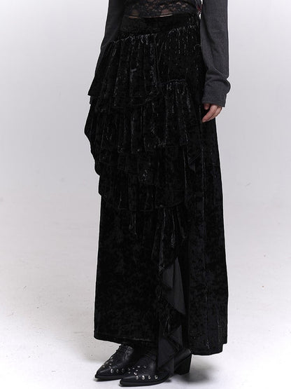 Black / Brown Velvet Maxi Skirt with Asymmetric Pleats and Cascading Ruffle Trim