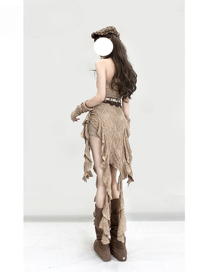 Millard Fashion Light Brown Wasteland Punk Asymmetrical Flounce Hem Strapless Dress