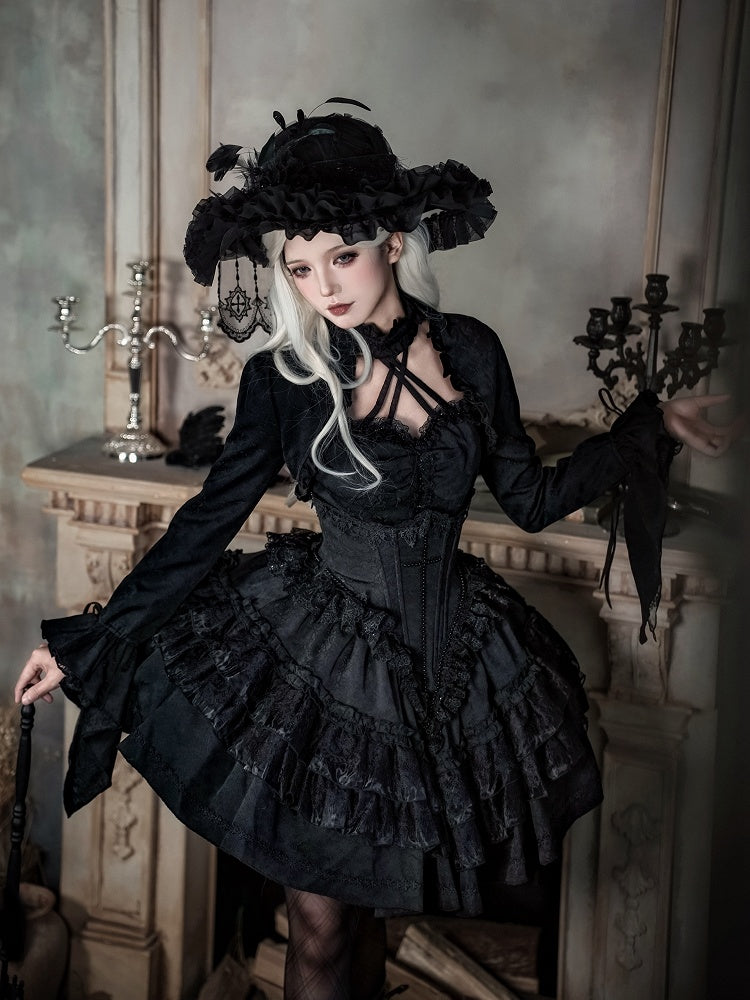 + Black Gothic Boning Set Lace Waist Top Bolero Neck Lolita Skirt Full Halter Corset All Sleeves - Cropped