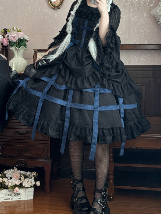 Cross JSK Accents with Gothic Black Birdcage Lolita and Blue Dress