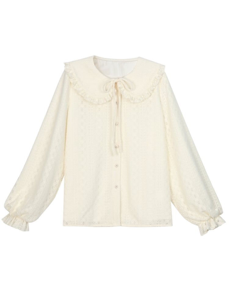 アプリコットのピーターパンカラー、バルーンスリーブ、レースブラウス