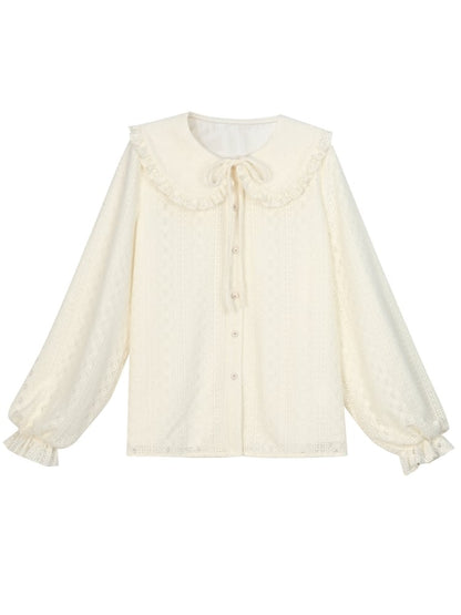 アプリコットのピーターパンカラー、バルーンスリーブ、レースブラウス