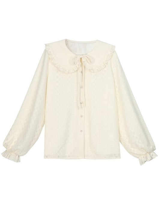 アプリコットのピーターパンカラー、バルーンスリーブ、レースブラウス