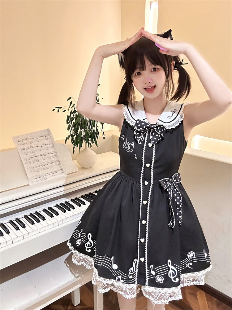 Design Ärmelloses Melodic Kitty Schwarzes Matrosenkragen-Keyboardkleid Zurück
