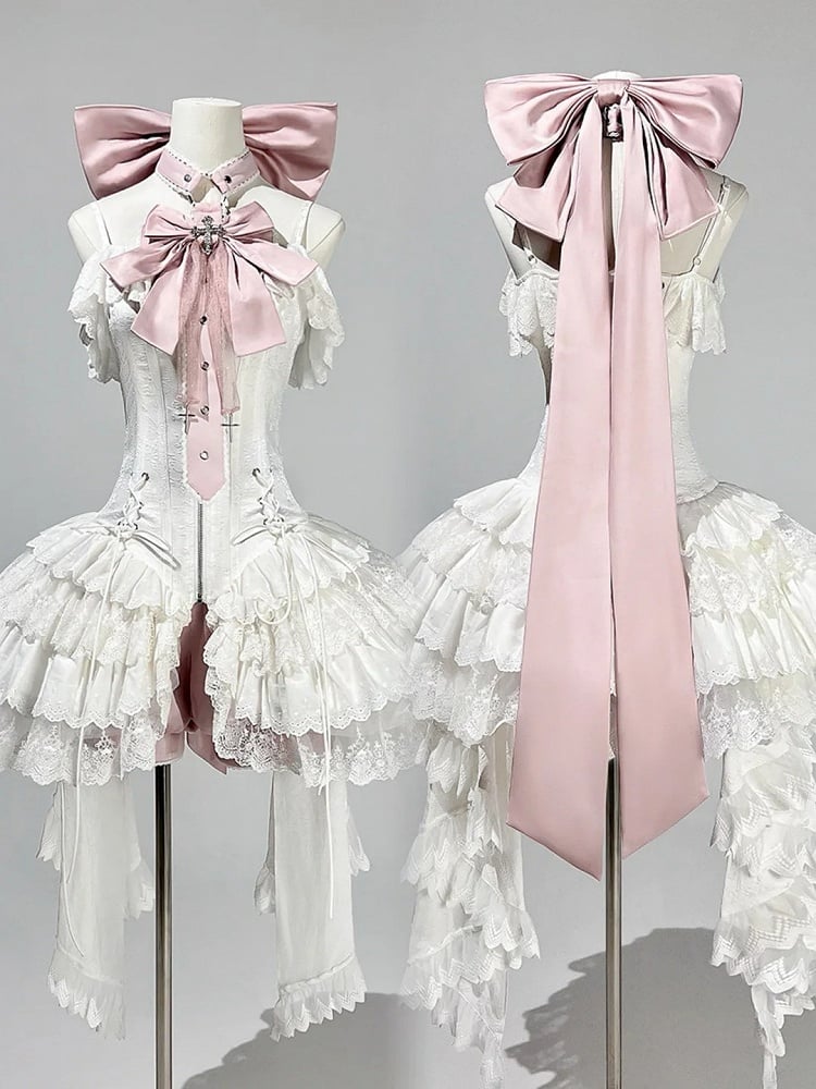 Träger Spaghetti JSK Lolita Rosa Balletcore Weißes Korsett + Kleid