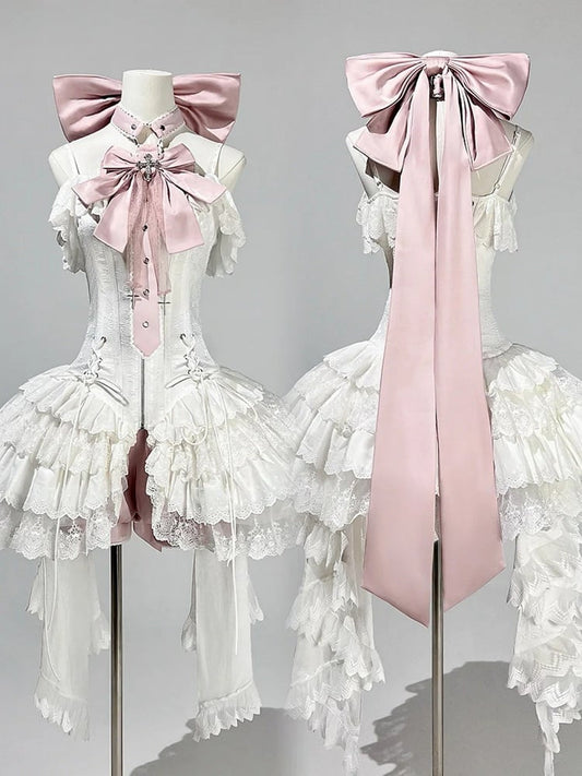 Träger Spaghetti JSK Lolita Rosa Balletcore Weißes Korsett + Kleid