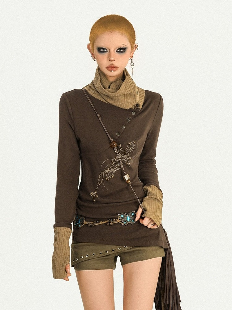 Asymmetrical High Neck Long Sleeve Top