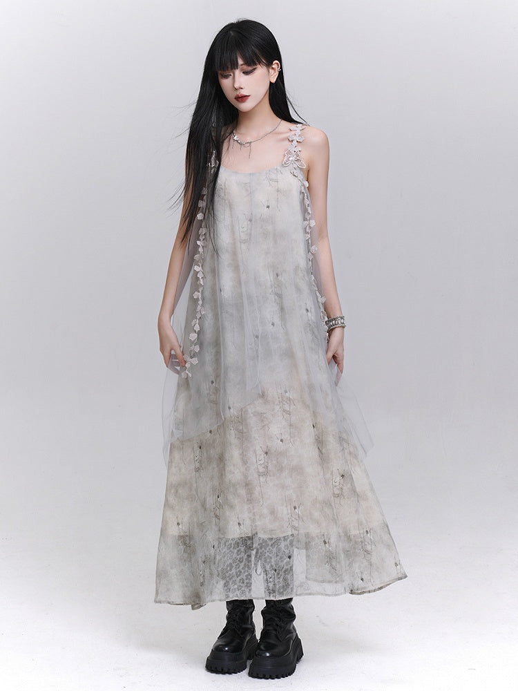 Gray with Ribbons Layered Dress Embroidered Slip Tulle Floral Hem Asymmetrical