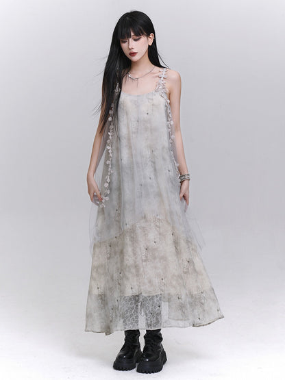 Gray with Ribbons Layered Dress Embroidered Slip Tulle Floral Hem Asymmetrical