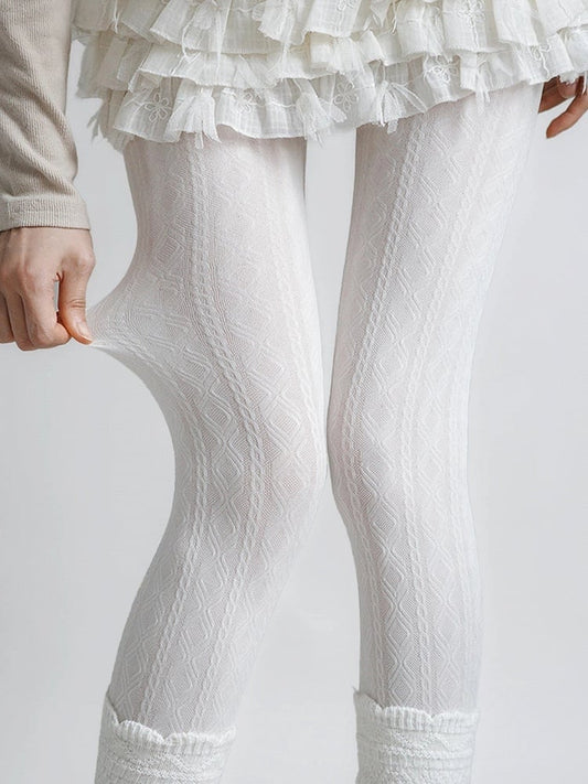 Tights Cable White Knit Diamond Milk