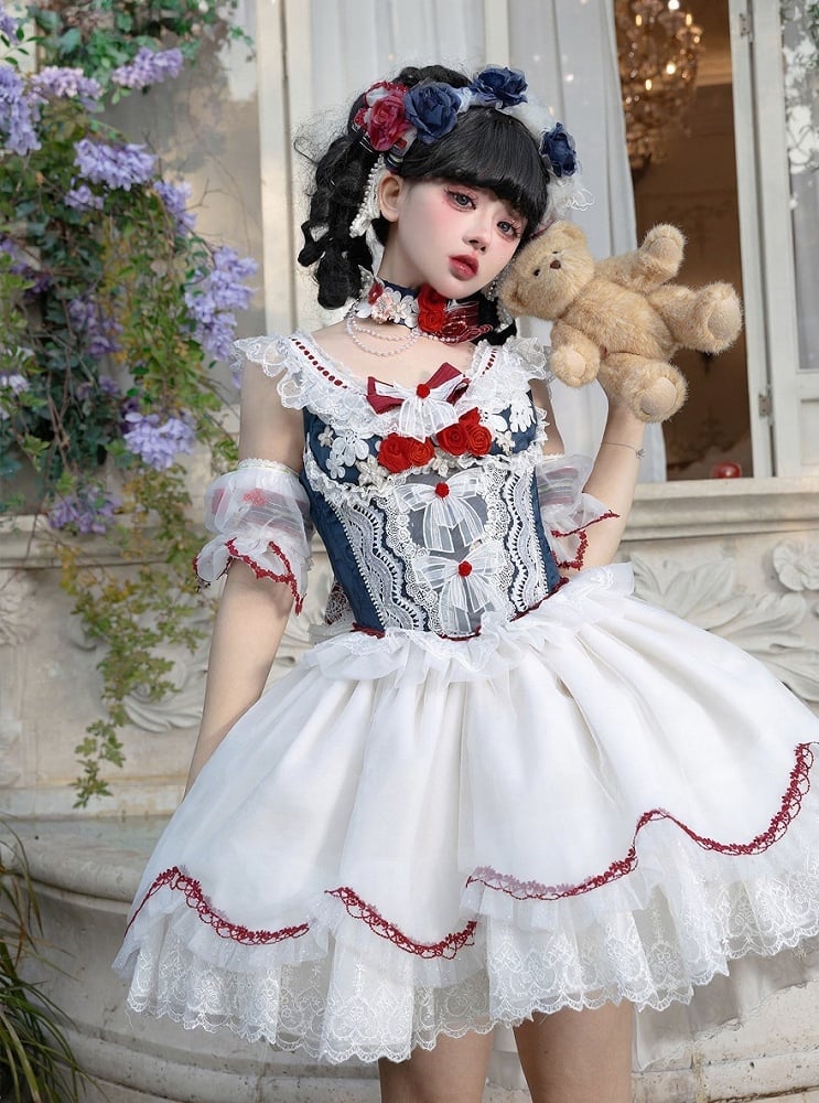 Vibes Sleeves and Bow White Detachable Snow Sweet Lace Decorated Blue Skirt Top Lolita + Full Set Choker KC Corset