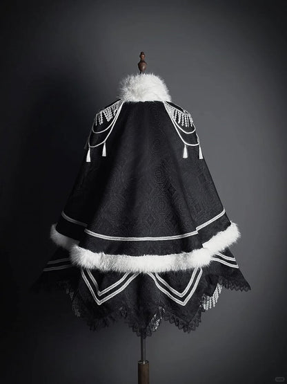 Double White Breasted with Tassel Faux Cape Black Fur-Trimmed Lolita Decoration and Military Buckle