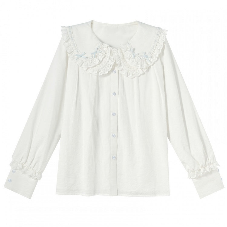 ホワイトレーストリム、ピーターパンカラー、蝶結びディテールのブラウス