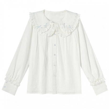 ホワイトレーストリム、ピーターパンカラー、蝶結びディテールのブラウス