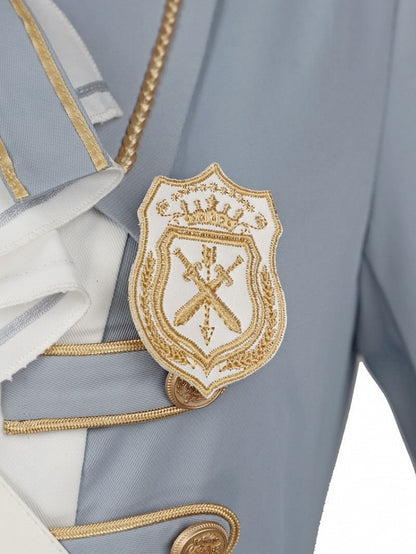 Military with Hem Buttons Blue and Ruffled Dress White Lolita Gold-tone