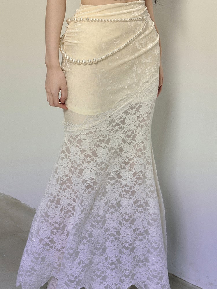 Apricot High-Waisted Lace Patchwork Mermaid Skirt