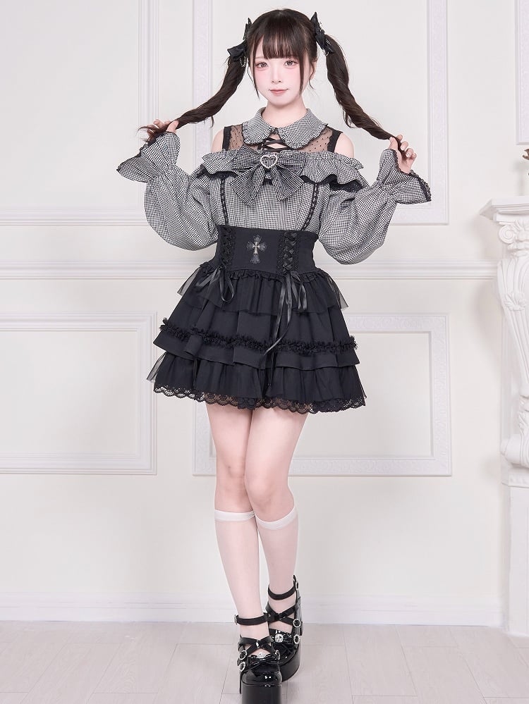 Jirai Kei – Langärmlige, karierte Bluse mit Illusionsausschnitt und ausgeschnittener Schulter