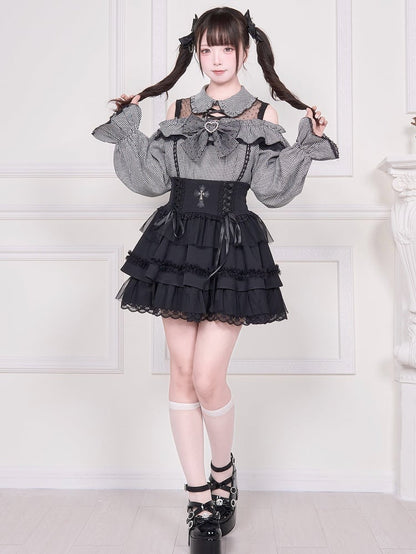 Jirai Kei – Langärmlige, karierte Bluse mit Illusionsausschnitt und ausgeschnittener Schulter