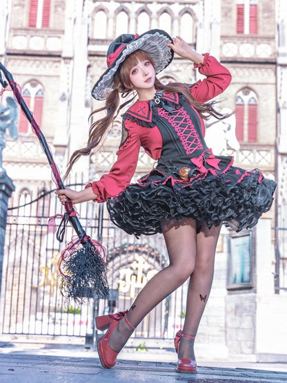 Jumper Showa Retro Black Witch Tiered Skirt Dress Red