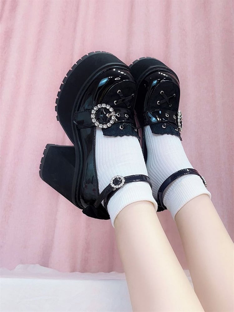 Landmine Style Jirai Polierte Plateauschuhe Heels Schwarz Chunky Kei