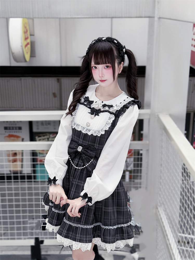 Waist Bow Jirai Dress: Pan Peter Gray Big with Academia Vintage Kei Collar Plaid
