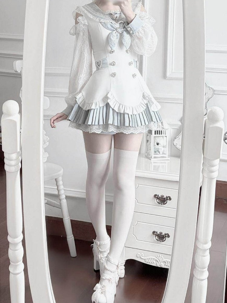 Landmine Style Two-Piece Set in Blue and White with Sailor Collar Cutout Shoulder Pleated Dress and Shorts - Broken Bear