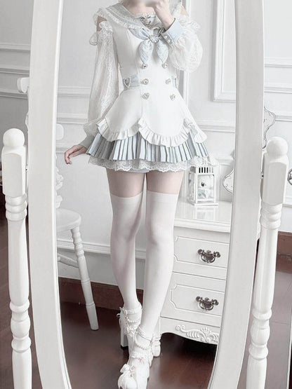 Landmine Style Two-Piece Set in Blue and White with Sailor Collar Cutout Shoulder Pleated Dress and Shorts - Broken Bear