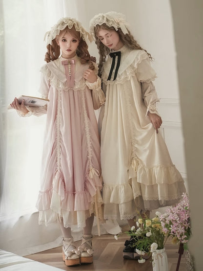 Beige Short Drawstring Loose Sleeves Lolita Embroidery with Rosette Details Dress