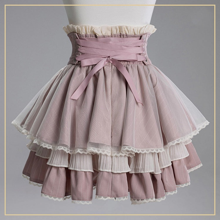 Sweet Pink Striped High-Rise Tiered Skirt with Laced Back Waist & Removable Bow - Fluffy Heart