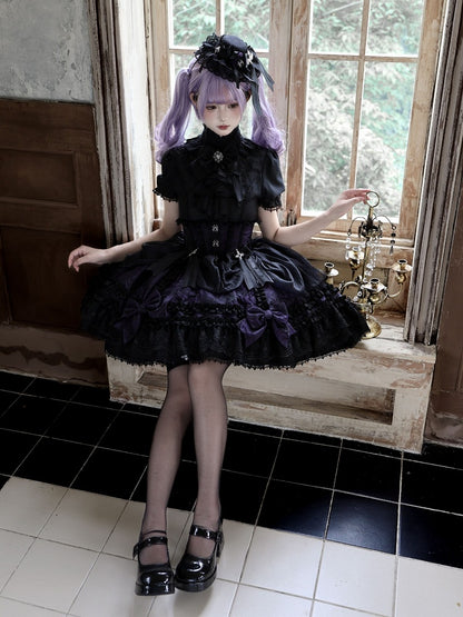 Gothic Puff Sleeve Shirt, Spider Cross, Black & Purple with Bowknot Collar - Pear Island Sweet Tea