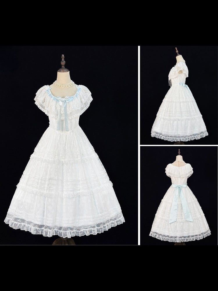 Classic White & Blue Lolita Long JSK Gown with Butterfly Bow and Layered Skirt - Miss Cube Dressworks