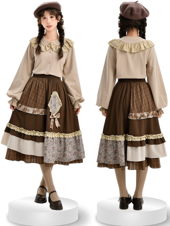 Light Coffee Peter Pan Collar Balloon Sleeves Blouse Lace Trim