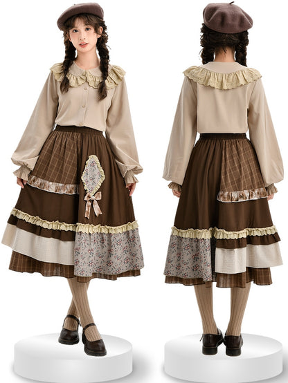 Light Coffee Peter Pan Collar Balloon Sleeves Blouse Lace Trim