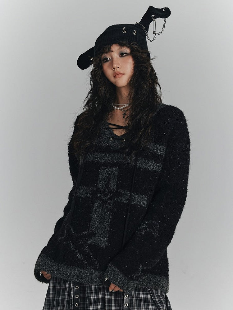 Lace-up Black Print with Crisscross Gray Sweater Cross Punk V-Neck