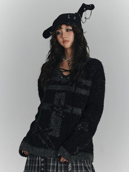 Lace-up Black Print with Crisscross Gray Sweater Cross Punk V-Neck