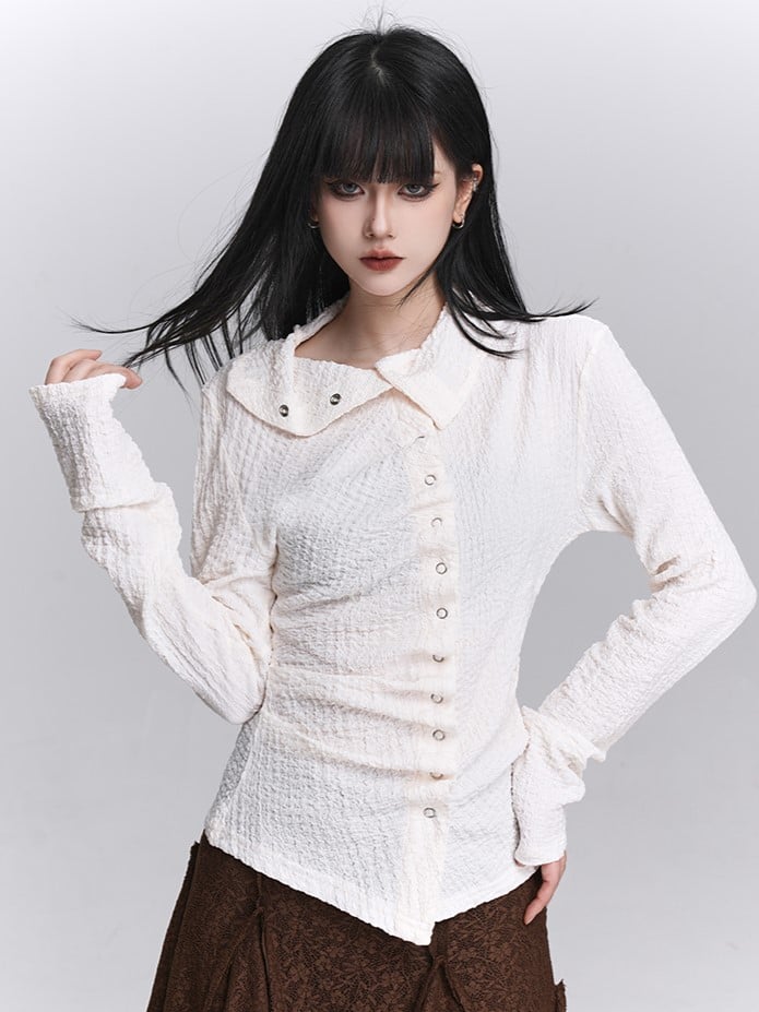 Beige Asymmetrical Design Long Sleeve Textured Shirt