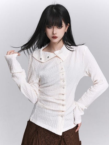 Beige Asymmetrical Design Long Sleeve Textured Shirt