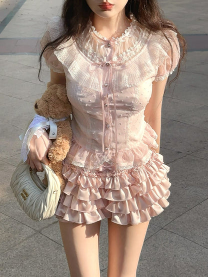 Puffärmel-Top Rosa Chiffon Polka Dot