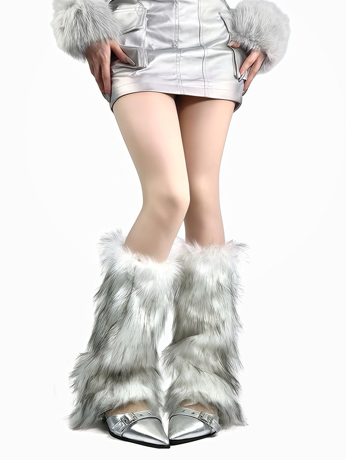 ホワイト/ブラウン Y2K シャギーレッグウォーマー