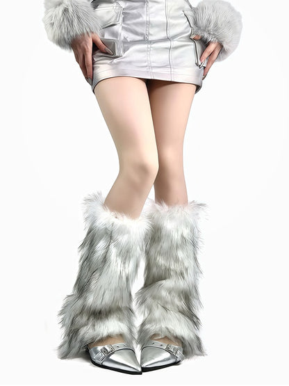 ホワイト/ブラウン Y2K シャギーレッグウォーマー