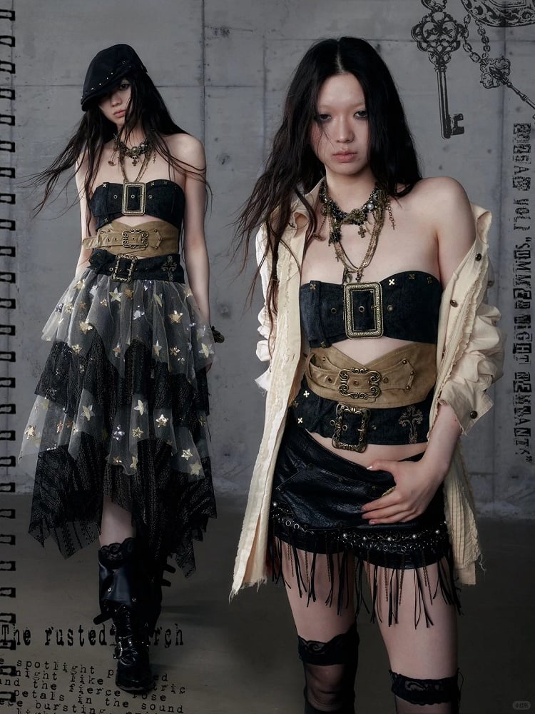 Punk Rococo Yellow Three-Strap Cross Metal Buckles with Black Embroidery Bustier